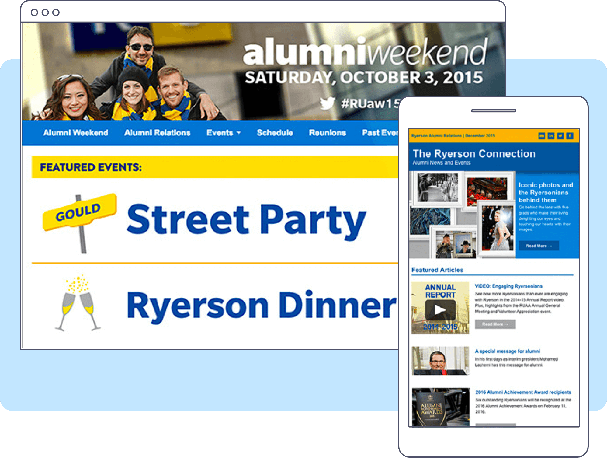 The Alumni Weekend website in a browser, and a newsletter sample in a mobile device