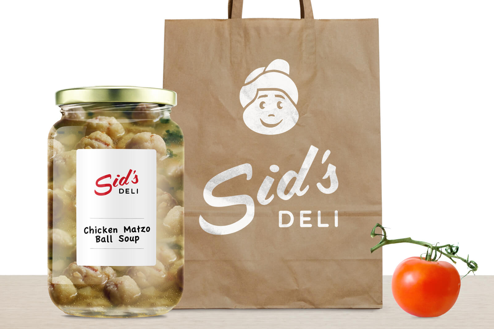 A branded soup jar and brown bag