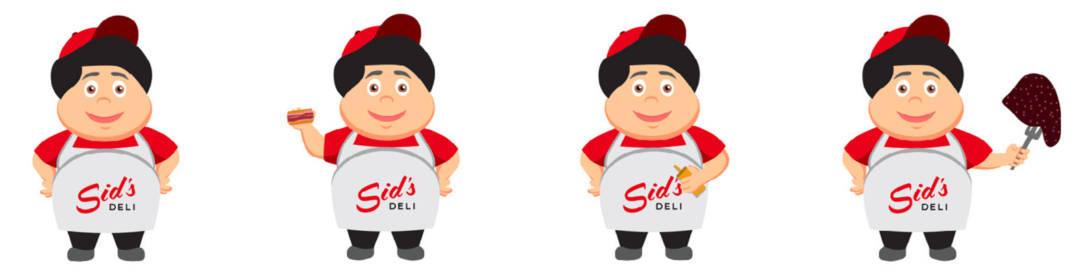 A bunch of Sid's mascots holding mustard and corned beef