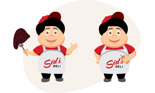 A bunch of Sid's mascots holding mustard and corned beef