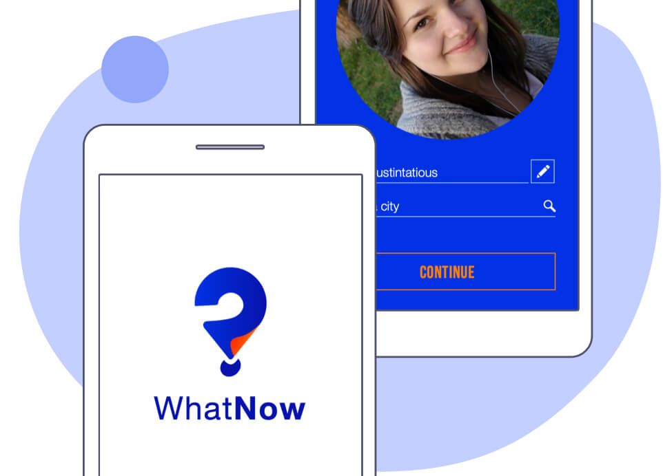 A phone with a screenshot of the WhatNow log in screen