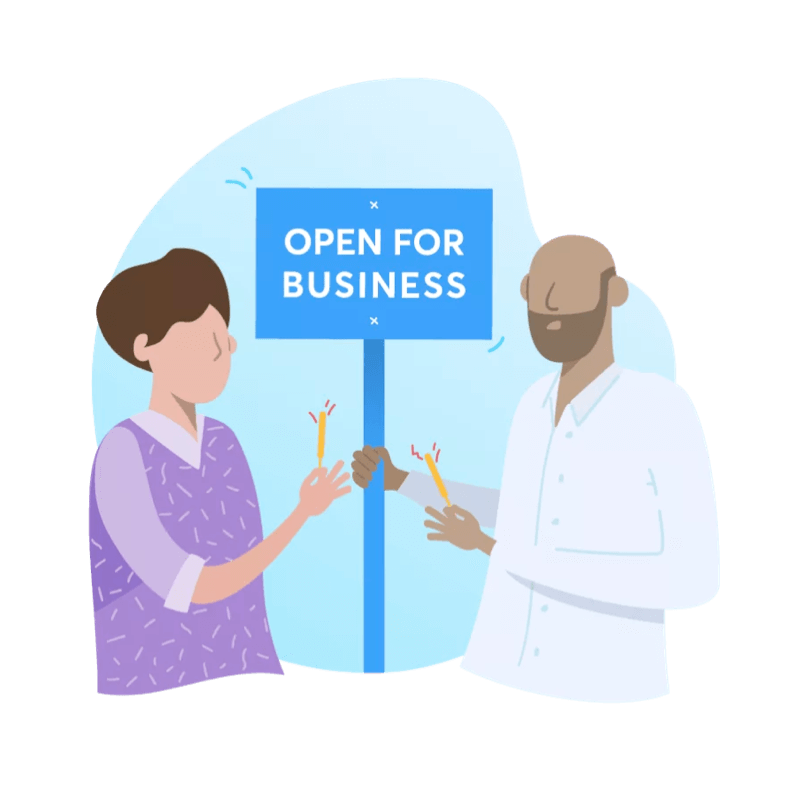 An illustration of two people holding up a Open for Business sign
