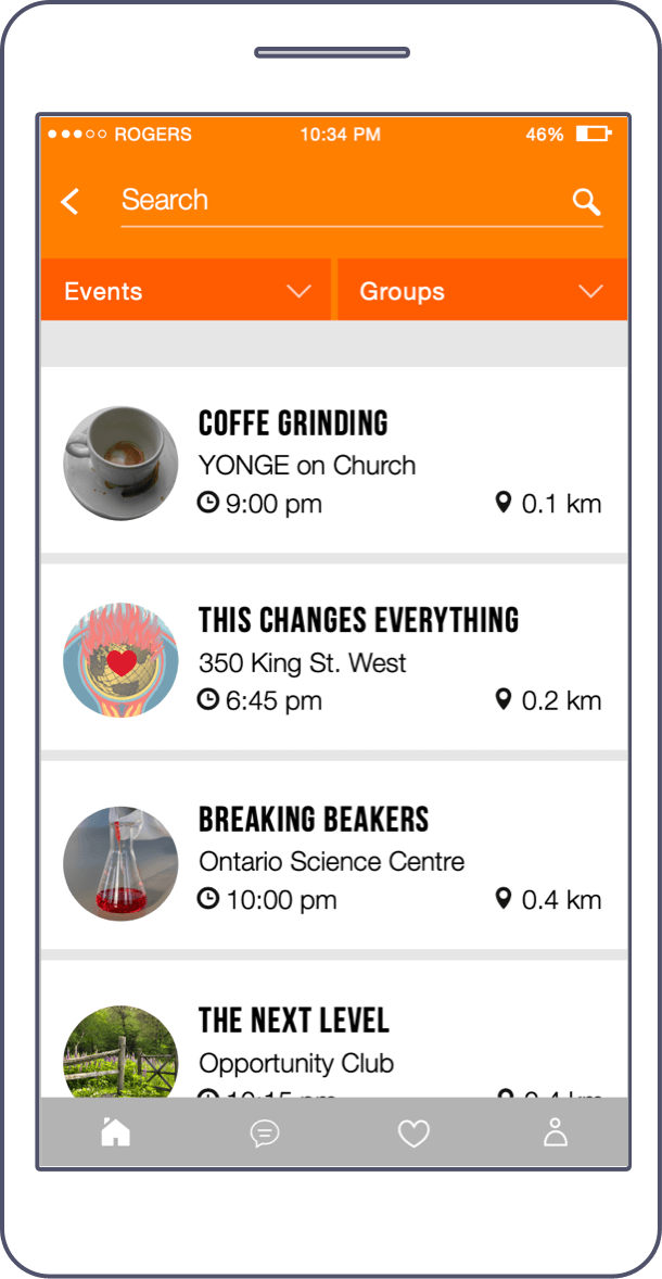 Mobile device with the event list screen